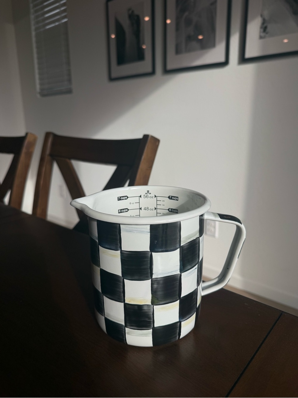 Mackenzie Childs Hand-Painted Black & White Check Measuring Pitcher